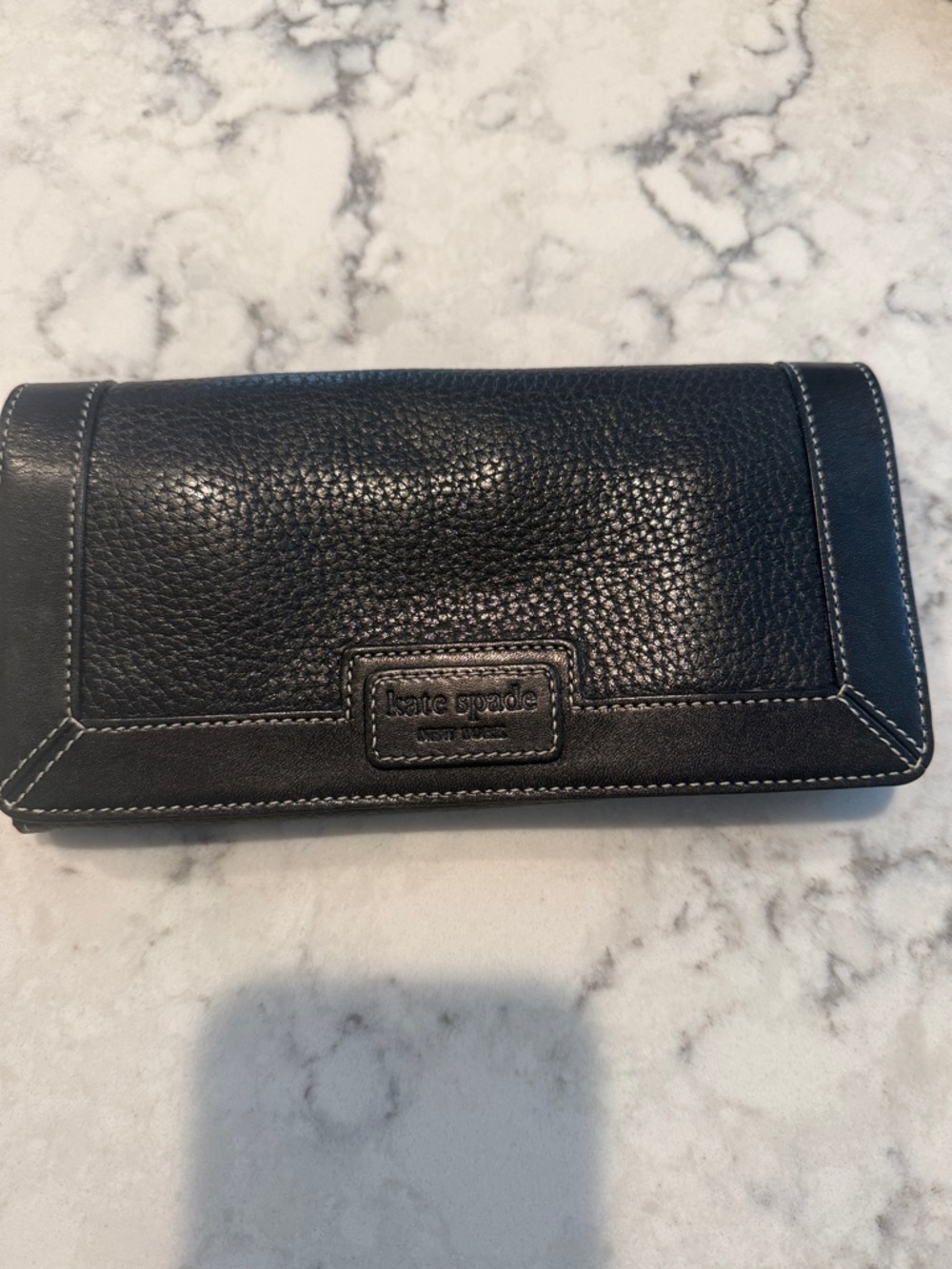 kate spade Black Pebbled Leather Continental Wallet with White Stitching